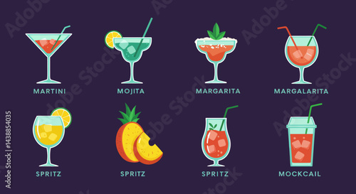 Assorted colorful cocktails and mocktails vector illustration for bar menu and summer party celebration promotion