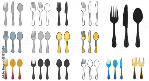 Assorted flatware set with forks knives and spoons in various styles and colors on a white background for design element