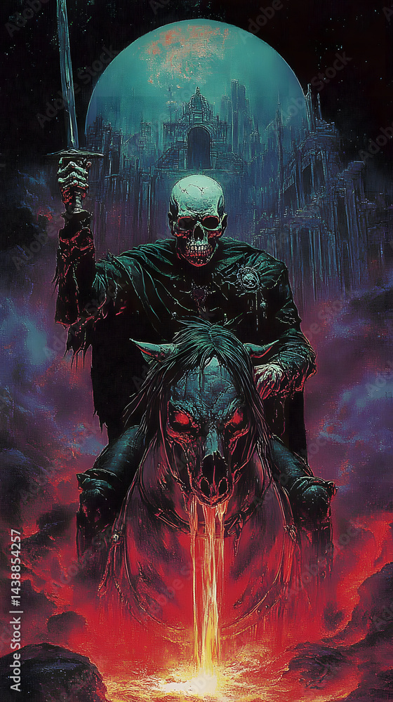 Dark old fantasy art of a skeletal knight in battered black armor riding a warhorse through a fiery battlefield Dark old fantasy art of a skeletal knight in battered black armor riding a warhorse through a fiery battlefield