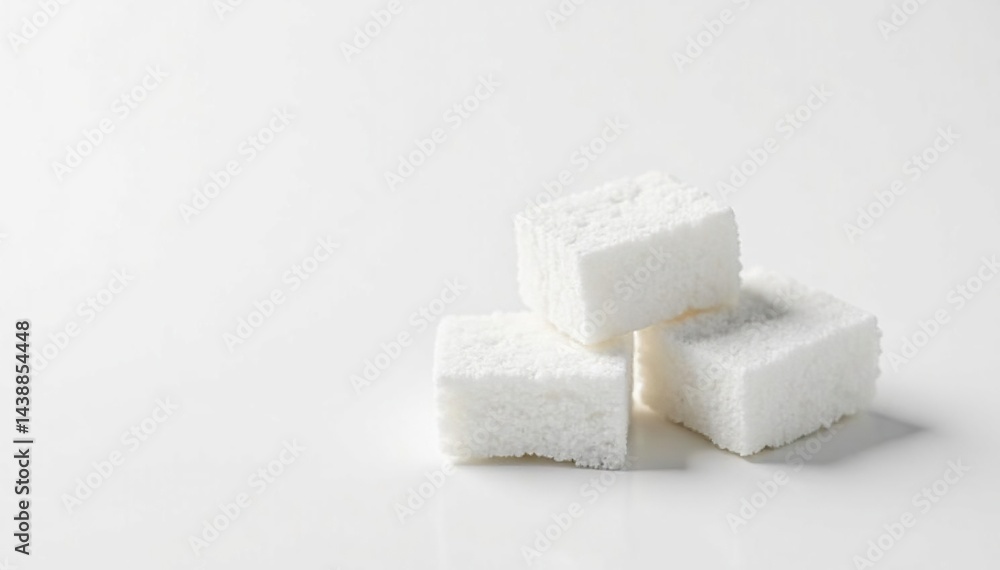 Lumps of refined white sugar against white backdrop, product, high key Lumps of refined white sugar against white backdrop, product, high key