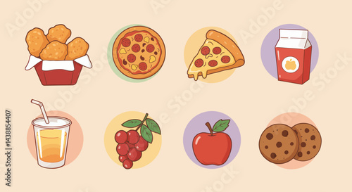 Cartoon illustration featuring an array of delicious food choices including pizza, chicken nuggets, fruits and cookies, and refreshing drinks
