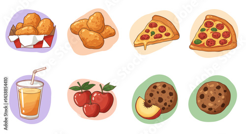 Cartoon illustration of diverse food choices including pizza, chicken nuggets, fruit and cookies