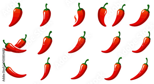 Collection of red chili peppers in various shapes and angles isolated on a white background for spicy food illustrations and graphic design elements