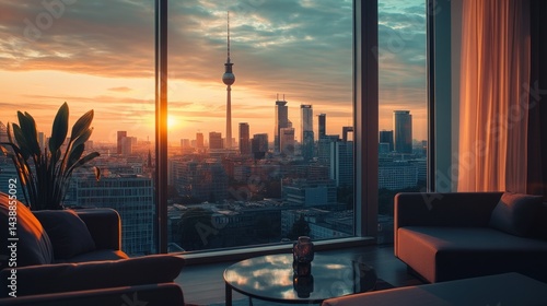 Luxury Hotel Suite Overlooking Berlin at Sunrise with Panoramic City View