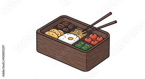 Delicious bento box with a variety of Japanese foods and chopsticks displayed in an isometric view on a clean white background
