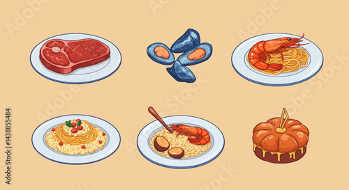 Delicious food set showcases steak, mussels, shrimp pasta, and a pumpkin dessert, all beautifully plated against a warm background