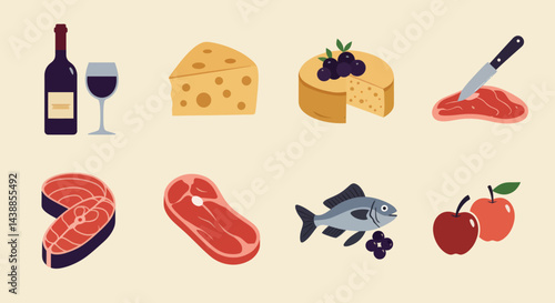 Delicious foods flat vector illustration showcasing wine, cheese, steak, salmon, fish, and apples for culinary and gourmet themes, perfect for food blogs and healthy eating