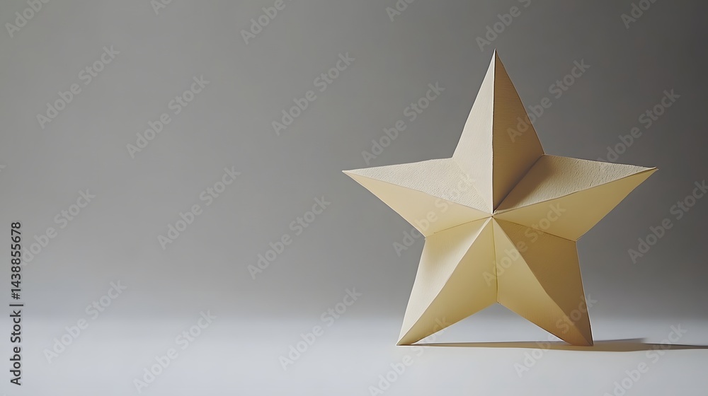 A beige paper star sits on a white surface against a gray background. The star is sharply folded, creating a three-dimensional effect. Simple, elegant design. A beige paper star sits on a white surface against a gray background. The star is sharply folded, creating a three-dimensional effect. Simple, elegant design.