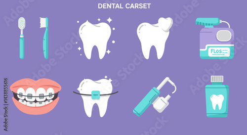 Dental care set vector illustration showcasing teeth cleaning products and orthodontic treatment tools for healthy gums and oral hygiene