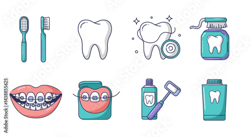 Dental care elements isolated on white background showcasing oral hygiene with toothbrushes, floss, and braces for healthy teeth