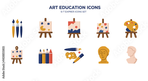 Engaging art education icons set featuring brushes, easels, palette, pencils and sculptures for creative projects