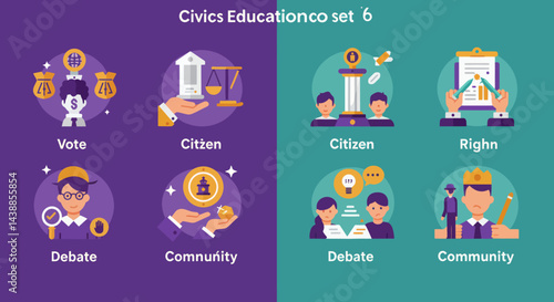 Engaging vector illustrations representing civics education topics like voting, citizenship, debate, rights, and community involvement