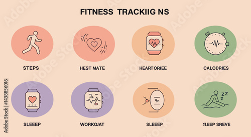 Fitness tracking icons set representing steps, heart rate, calories, sleep, and workout data for health and wellness