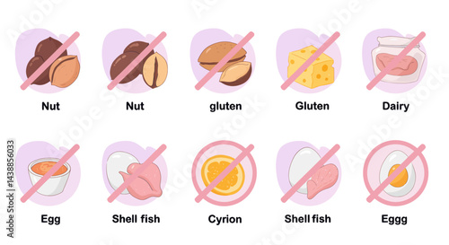 Food allergy icons set depicting common allergens such as nuts, gluten, dairy, eggs, and shellfish with a cross mark indicating restriction for allergen-free diet