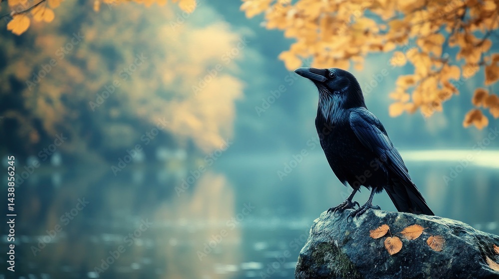 Fototapeta premium Raven perched rock autumn lake misty park