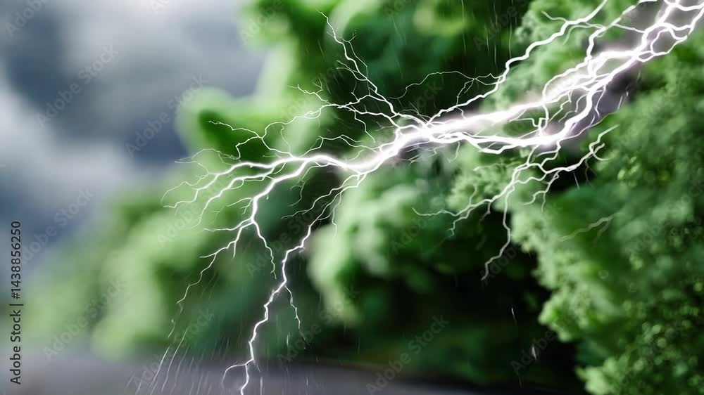 Stormy weather strikes lush greenery. A powerful lightning bolt cuts through a dense green foliage backdrop under a stormy sky Stormy weather strikes lush greenery. A powerful lightning bolt cuts through a dense green foliage backdrop under a stormy sky