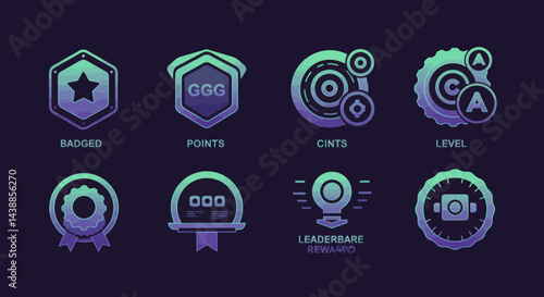 Futuristic achievement badges and rewards icons displaying points and level for game platform, vector design