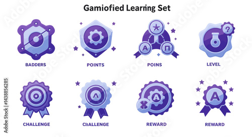 Gamified learning elements set for educational badges and motivational icons in modern gradient style symbolizing rewards, points, levels, and challenges