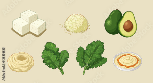 Healthy eating ingredients vector illustration featuring tofu, quinoa, avocado, kale, and hummus for balanced diet meal preparation and nutrition