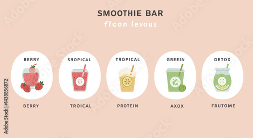 Healthy smoothie bar menu design with fresh fruit and vegetables for detox and protein drinks offering variety and nutrition
