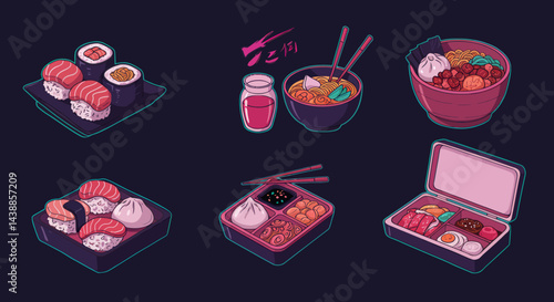 Japanese food illustrations featuring sushi, ramen, and bento boxes in a colorful and artistic style suitable for menus, posters, and culinary design