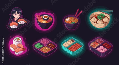 Japanese food assortment with sushi, ramen, bento boxes and anime girl illustration, ideal for food blog and restaurant menu promotions