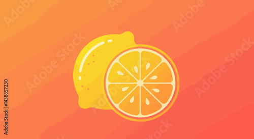 Lemon citrus fruit illustration featuring vibrant yellow shades and a sliced lemon on a gradient orange background perfect for summer designs