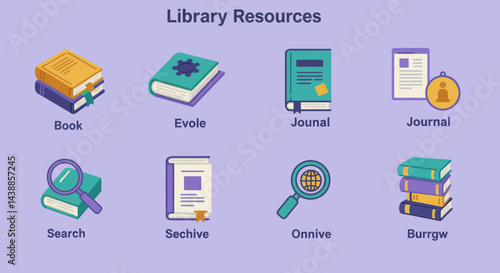 Library resources concept featuring books, journals, and search tools in colorful flat vector illustrations for educational and informational content