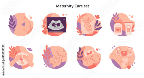 Maternity care set featuring pregnancy ultrasound, baby care products, and mother nurturing her bump in soft pastel colors