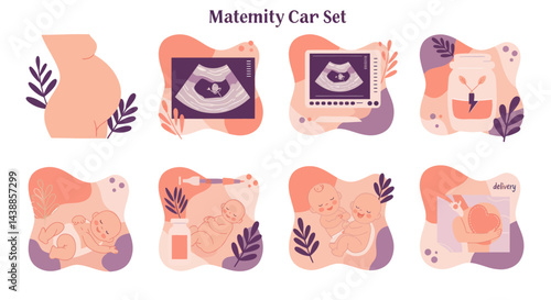 Maternity car set showcasing pregnancy journey from ultrasound to delivery and baby care