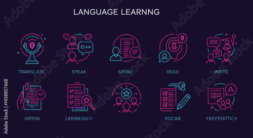 Neon icons depicting language learning skills such as translation, speaking, reading, writing, and vocabulary acquisition for educational resources