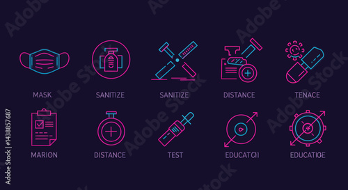 Neon icons representing health and safety measures promoting protection and prevention, including sanitization, distance and education
