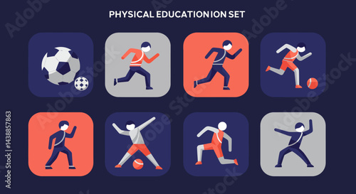 Physical education icon set depicting various sports activities and exercises for school and fitness programs including soccer, running, and stretching