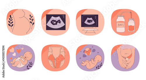 Pregnancy and motherhood vector illustration depicting stages from conception to newborn care, with ultrasound and baby essentials