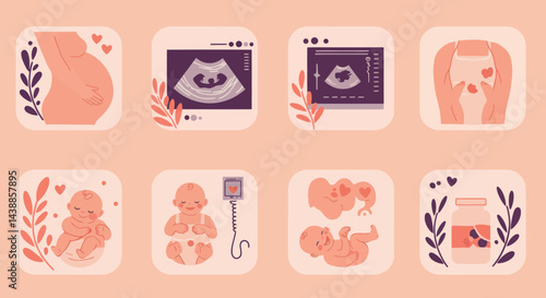 Pregnancy and early childhood stages illustrated with a pregnant woman, baby ultrasounds, baby and vitamins, and a peach color scheme