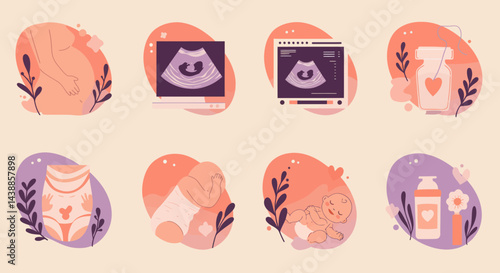 Pregnancy and newborn baby development stages vector illustration set