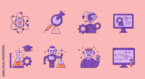 Science and technology icons symbolizing innovation in education research and development with atom telescope robot computer flask graduation hat