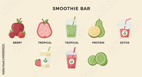 Smoothie bar menu with fresh fruit ingredients for healthy drinks vector illustration