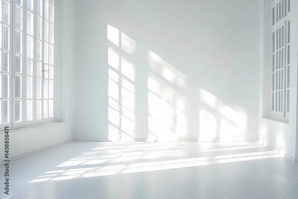Serene white room bathed in sunlight streaming through large windows creating peaceful minimalist ambiance and bright Serene white room bathed in sunlight streaming through large windows creating peaceful minimalist ambiance and bright