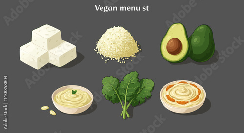 Vegan menu set illustration featuring tofu, quinoa, avocado, kale, and tahini dip for healthy eating concepts and vegetarian lifestyle