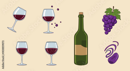 Wine assortment illustration featuring glasses, bottle, grapes, and tasting notes against a light background