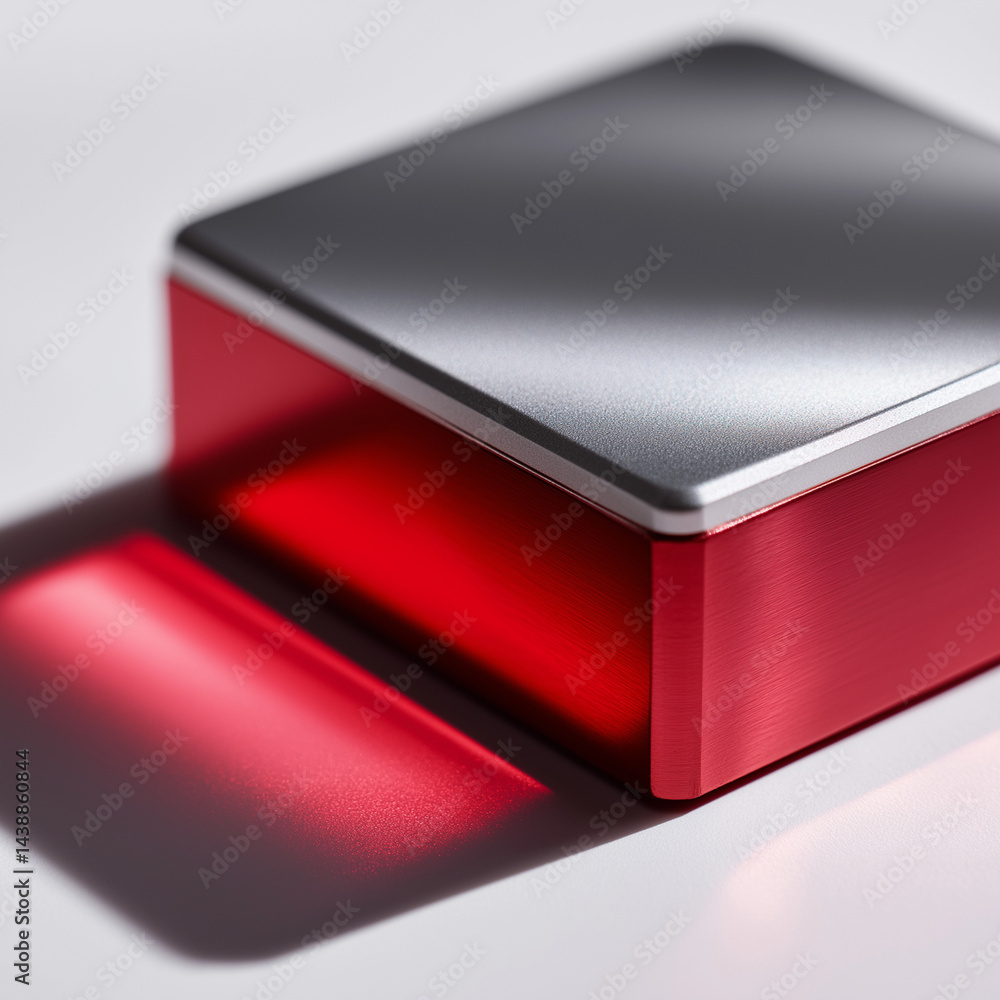 Hochwertige rote metallische Box mit silbernem Deckel auf weißem Hintergrund