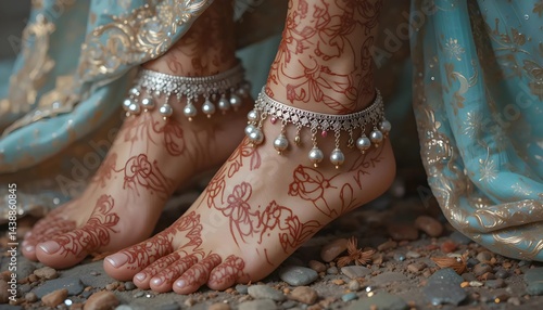 Close-up of a woman's feet adorned with intricate silver anklets and elaborate henna designs.
