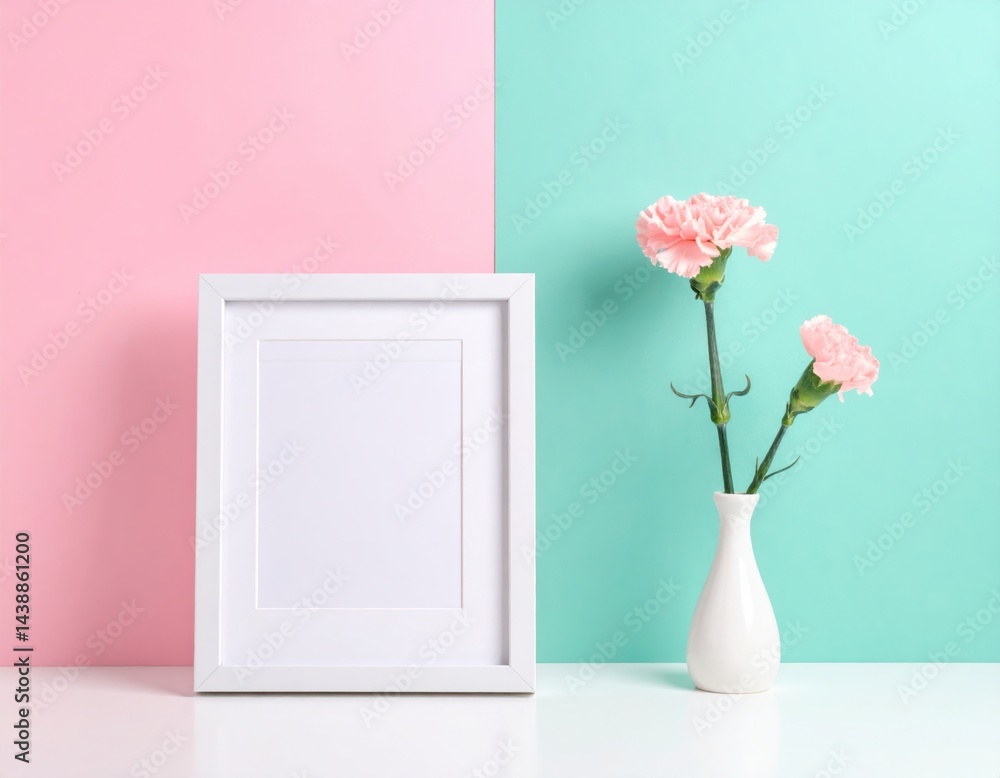 White Frame with Pink Carnations on Mint Background White Frame with Pink Carnations on Mint Background