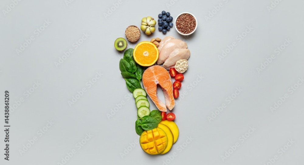 Fototapeta premium Colorful Nutritious Foods Arranged in a Footprint Shape on a Gray Background