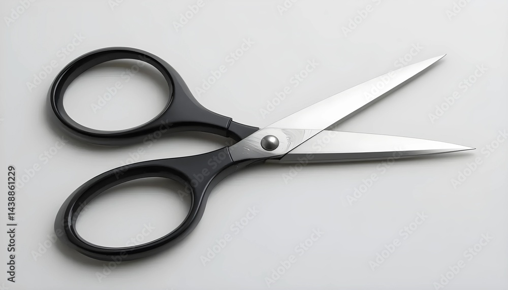 Close-up of a pair of scissors with black plastic handles and stainless steel blades. Close-up of a pair of scissors with black plastic handles and stainless steel blades.