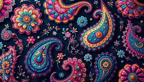 Intricate paisley pattern in rich jewel tones , background texture, decoration