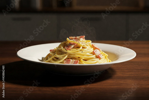 A professional, close-up photograph of a single plate of perfectly cooked Spaghetti alla Carbonara, a classic Italian dish.