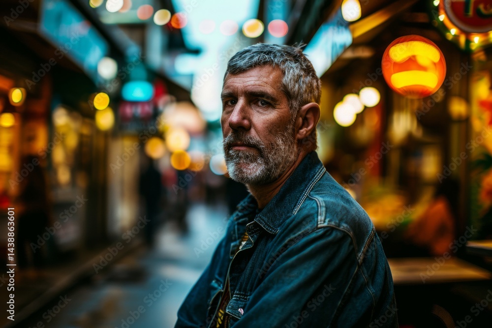 Portrait of an old man with gray beard and mustache in a denim jacket on the streets of the old city. Portrait of an old man with gray beard and mustache in a denim jacket on the streets of the old city.
