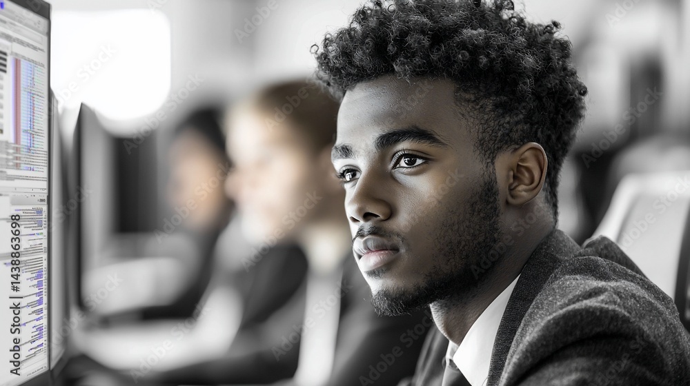 Focused programmer coding, office background Focused programmer coding, office background
